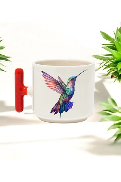 BB TRADE Colorful Bird Design Red T-Handle Ceramic Printed Mug 250 ml