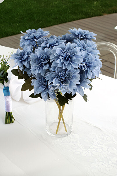 Yapay Çiçek Deposu باقة زهور صناعية مكونة من 7 داليا مقاس 33 سم باللون الأزرق...