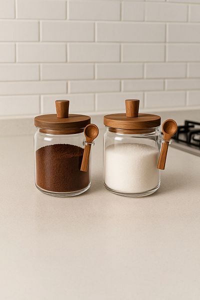 Evsun Home Collection 2-Pack Acacia Borosilicate Glass Jar with Lid and Spoon (450+450ml)