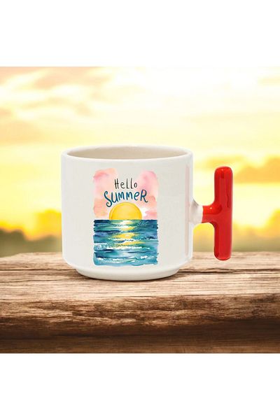 BB TRADE Hello Summer Text Design Red T-Handle Ceramic Printed Mug 250 ml