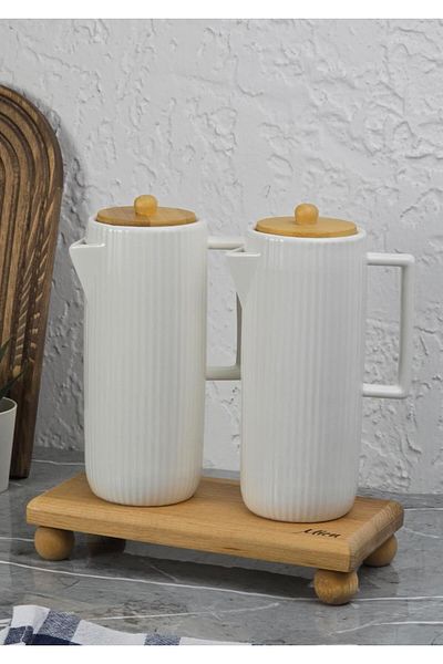 HomeTarz Porcelain Oil Pot Set - 2X600 ml with Wooden Stand