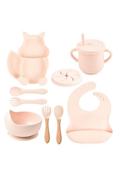 SOHO 10 Piece Set for Diversification for Babies or Children, BPA Free Silicone, Pale Pink