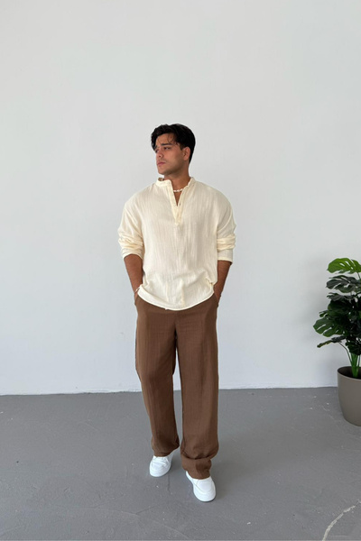 NUSHİ Krem Müslin Kumaş Hakim Yaka Tişört