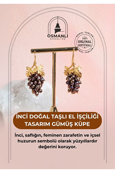 OSMANLI DOĞAL TAŞ Sertifikalı İnci Doğal Taşlı El İşçiliği Tasarım Gümüş Küpe