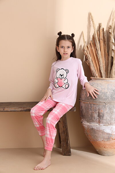 ELİTOL Toz Pembe Ekose Desen Pamuklu Örme Uzun Kol Çocuk Pijama Takımı