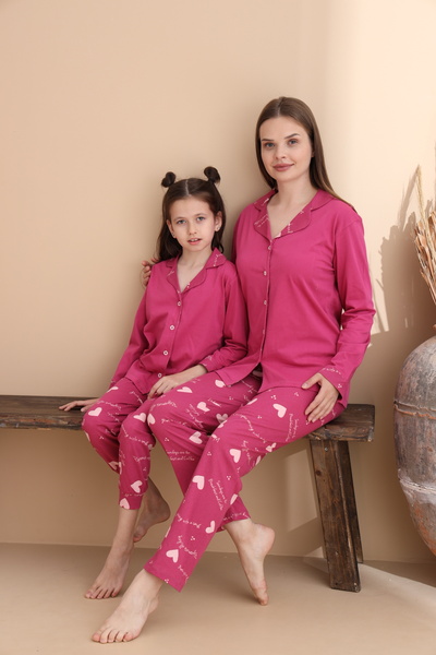 ELİTOL Set de pijamale pentru femei, tricotat din bumbac, cu mâneci lungi, cu model de inimă fucsia