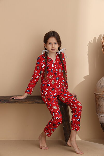 ELİTOL Mixed Pattern Suede Knitted Long Sleeve Mother-Daughter Buttoned Pajama Set