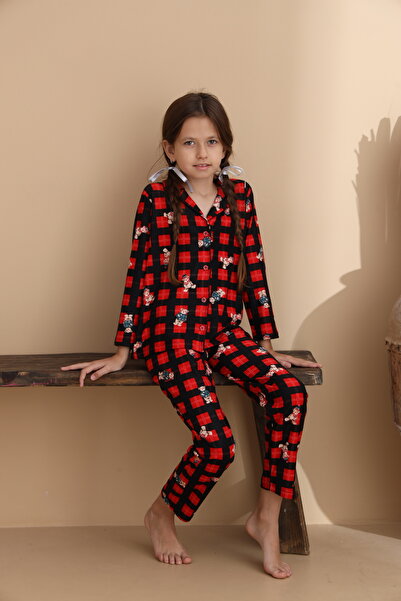 ELİTOL Plaid Pattern Suede Knitted Long Sleeve Mother-Daughter Buttoned Pajama Set
