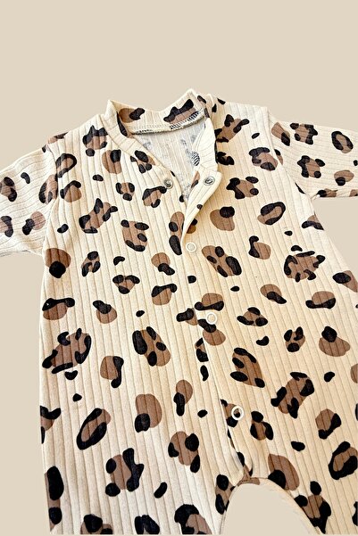 Süpermini KIZ BEBEK %100 PAMUK LEOPAR DESEN ÇITÇITLI MANŞETLİ TULUM