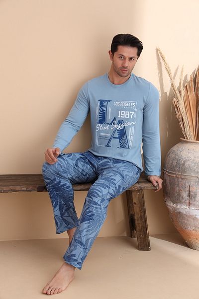 ELİTOL Blue Leaf Pattern Long Sleeve Men's Pajama Set