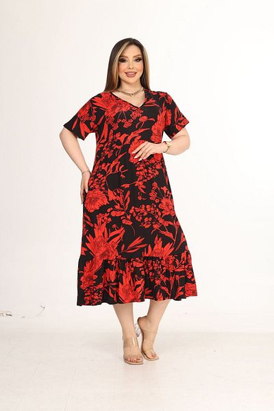 mami butik Large Size V-Neck Short Sleeve Robe Skirt Gathered Madi Size Viscose Combed Cotton Stylish Comfortable Dress