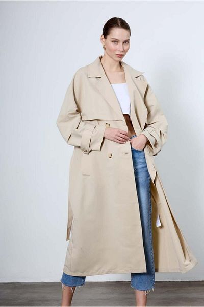 369 etnik butik Oversize Belted Long Trench Coat – Women