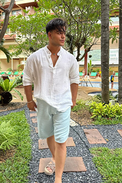 NUSHİ Beyaz Müslin Kumaş Hakim Yaka Tişört