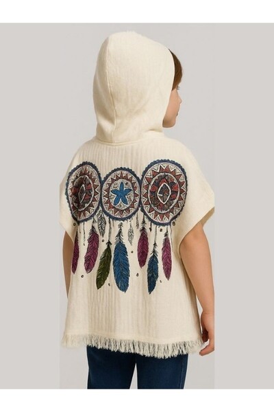 Mulberry Muslin Children's Hooded Poncho – Dreamcatcher Printed, Colorful Feather Pattern, Bohemian Style