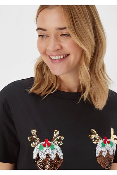 Kübra Tekstil Lupinn Fashion Women's Black Sequin Embroidered New Year's Themed Short Sleeve T-Shirt – Shiny Detailed, Comfortable Cut