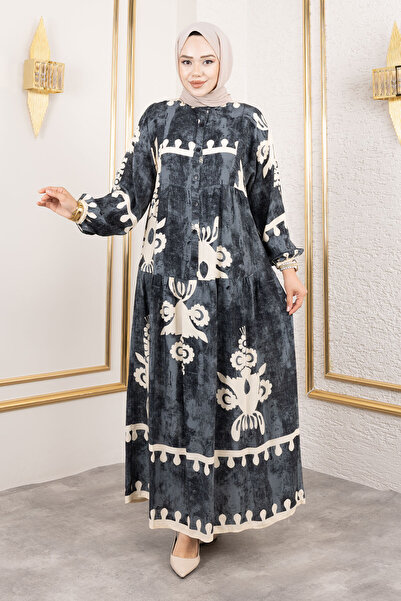 Tesettür Dünyası Φόρεμα βισκόζης με κουμπί TSD250208 Μαύρο