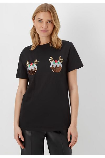Kübra Tekstil Lupinn Fashion Women's Black Sequin Embroidered New Year's Themed Short Sleeve T-Shirt – Shiny Detailed, Comfortable Cut