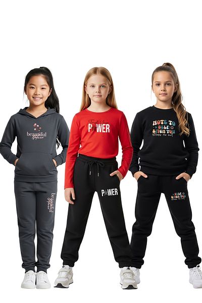 FYK KİDS 3-Piece Girl's Tracksuit Set with Hooded Kangaroo Pocket and Zero Collar Print