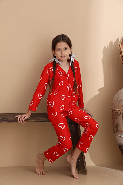 ELİTOL Heart Pattern Suede Knitted Long Sleeve Children's Buttoned Pajama Set
