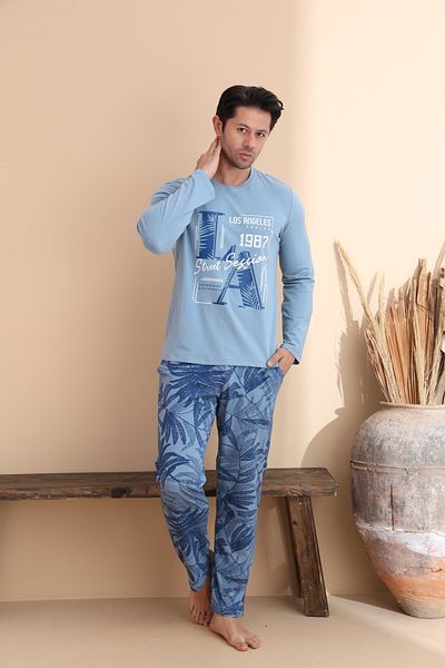 ELİTOL Blue Leaf Pattern Long Sleeve Men's Pajama Set