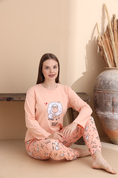 ELİTOL Set pijamale pentru copii cu mâneci lungi din bumbac cu model de miel de somon