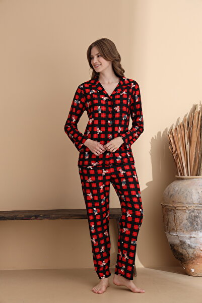 ELİTOL Plaid Pattern Suede Knitted Long Sleeve Mother-Daughter Buttoned Pajama Set