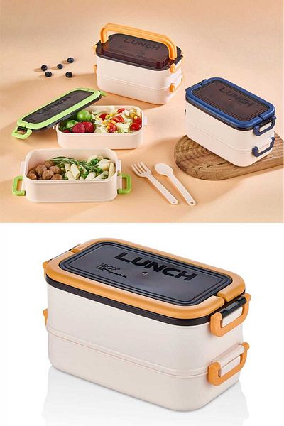 ÇEÇEN HOME 2-Layer Hard Plastic Meal Storage Container-Sefer Bowl, Lunch Box for School-Work with Fork Spoon