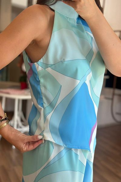 Unique Boutique Patterned Silk Satin Blouse-Pants Set