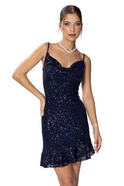 meksila kadın payet abiye ip askılı elbise midi boy etek ucu volanlı degaje yakalı mezuniyet düğün abiye