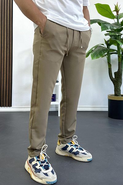 Edwox Men's Slim Fit Drawstring Waist Buttoned Trousers Brown Edw403