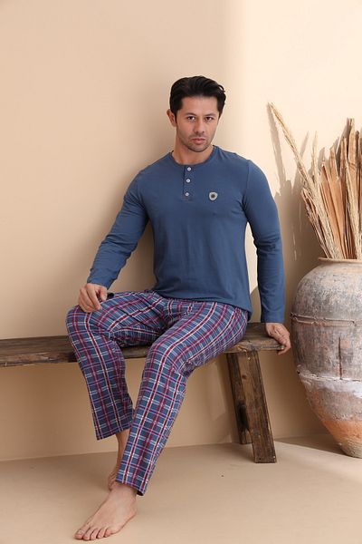 ELİTOL Indigo Plaid Pattern Button Long Sleeve Men's Pajama Set