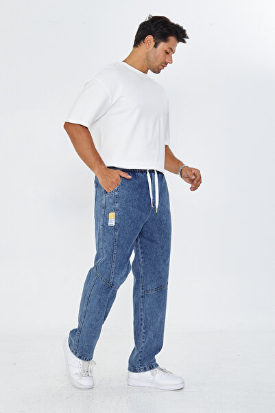 masso moda Erkek Parçalı Desen Yan Etiketli Baggy Kot Pantolon 721