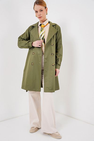 Merterium Women's Double Breasted Collar Short Trench Coat Khaki 1193