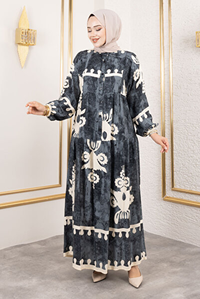 Tesettür Dünyası Φόρεμα βισκόζης με κουμπί TSD250208 Μαύρο
