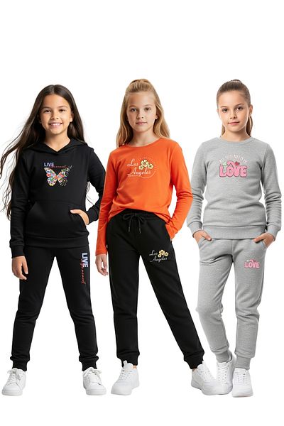 FYK KİDS 3-Piece Girl's Tracksuit Set with Hooded Kangaroo Pocket and Zero Collar Print