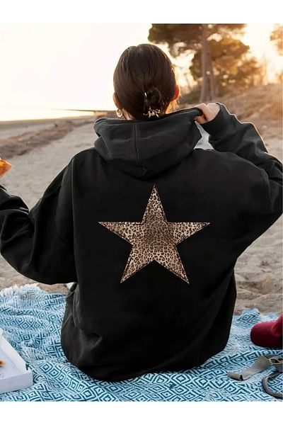 FUFLUNS Oversize Unisex Hooded Sweatshirt with Leopard Star Print