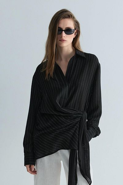 Suud Collection Black Lino Tie-Up Linen Shirt