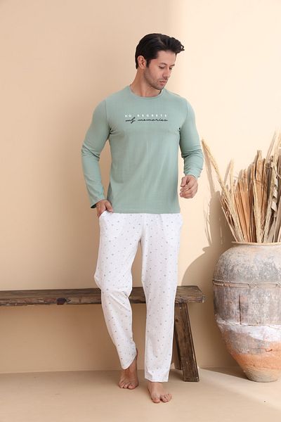 ELİTOL Green Triangle Pattern Long Sleeve Men's Pajama Set
