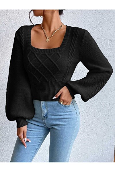 SAYZEN guler tip sandală mâneci balon tricotat pulover