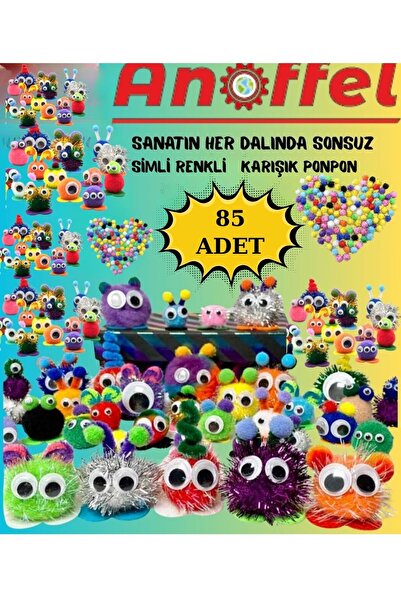 Anoffel Simli Ponpon 10 mm 20 mm 30 mm 85 Set 1 Li Paket Karışık Renk Pon Pon...