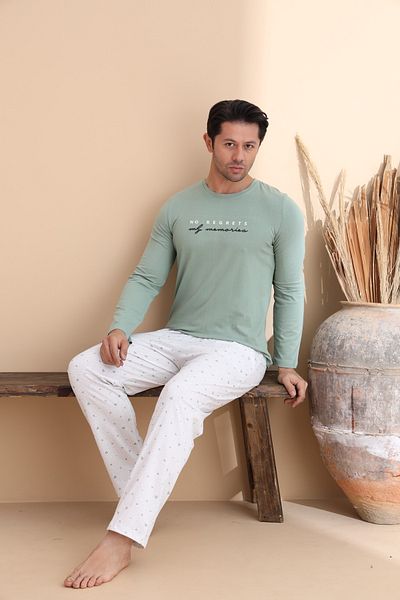 ELİTOL Green Triangle Pattern Long Sleeve Men's Pajama Set