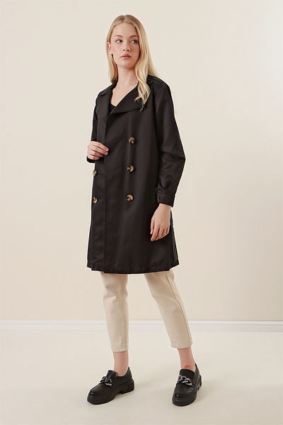 Merterium Women's Double Breasted Collar Short Trench Coat Black 1193
