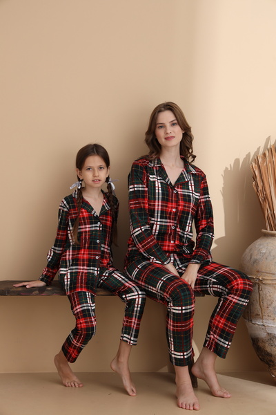 ELİTOL Ekose Desen Süet Örme Uzun Kol Kadın Düğmeli Pijama Takımı