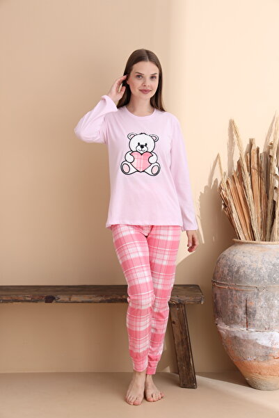 ELİTOL Toz Pembe Ekose Desen Pamuklu Örme Uzun Kol Çocuk Pijama Takımı