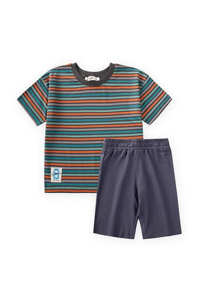 Cigit Striped Basic Capri Suit 1-8 Years Smoked