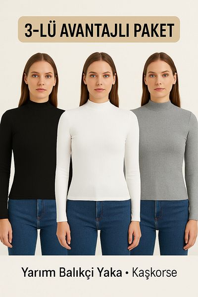 buğlem collection Women's Half Turtleneck Camisole Blouse 3 Pack Long Sleeve Basic Slim Fit