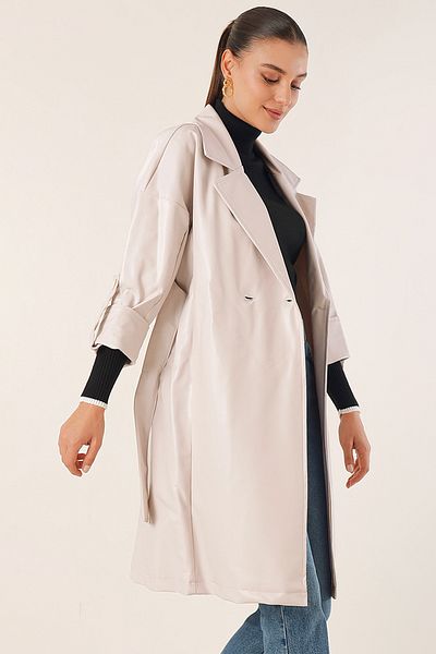 Merterium Women's Belted Long Faux Leather Trench Coat Ecru 1038