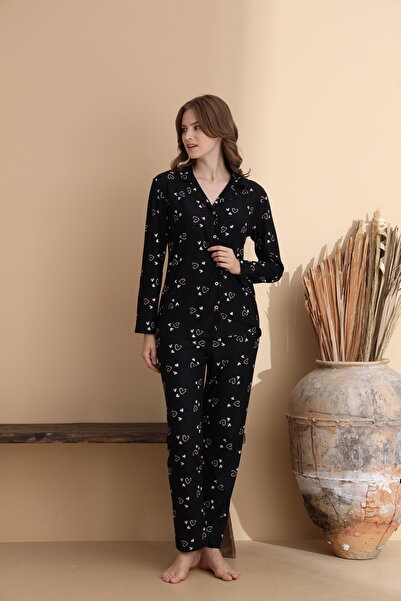 ELİTOL Heart Pattern Suede Knitted Long Sleeve Women's Buttoned Pajama Set