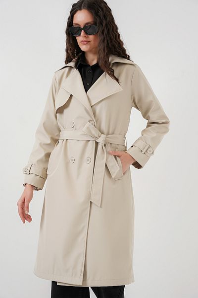 Merterium Women's Double Breasted Collar Trench Coat Beige 1198