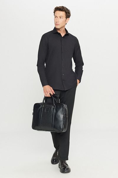 AC&Co / Altınyıldız Classics Men's Black Tailored Slim Fit Slim Fit Small Italian Collar Dobby Oxford Shirt